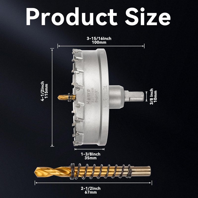 Henvo Hole Saw 4-1/2" (115mm) Heavy Duty Carbide with 2 Pilot Drill Bits - Metal Hole Cutter Cuts Stainless Steel, Iron, Copper, Brass, Plastic - Image 2